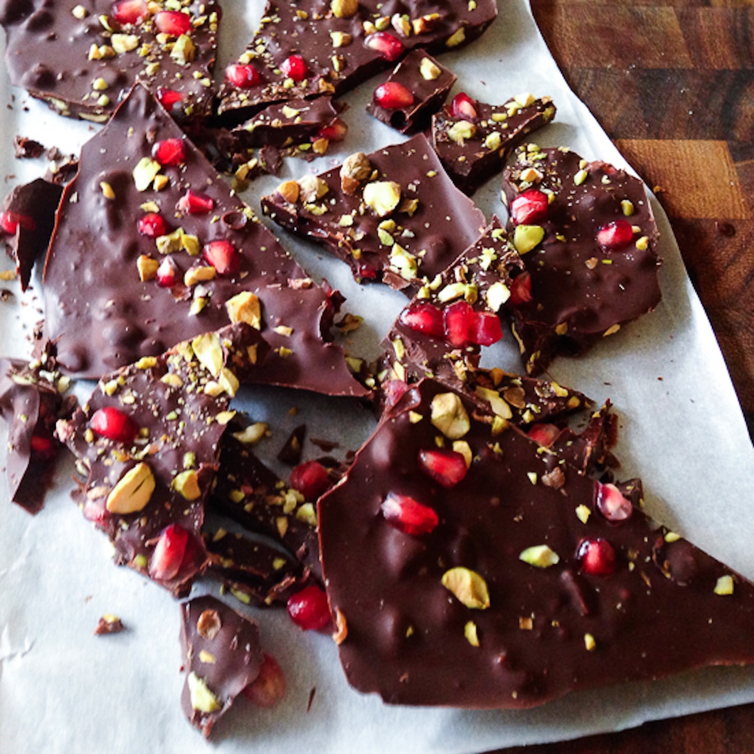 CHOCOLATE POMEGRANATE BARK WITH PISTACHIOS AND PETALS