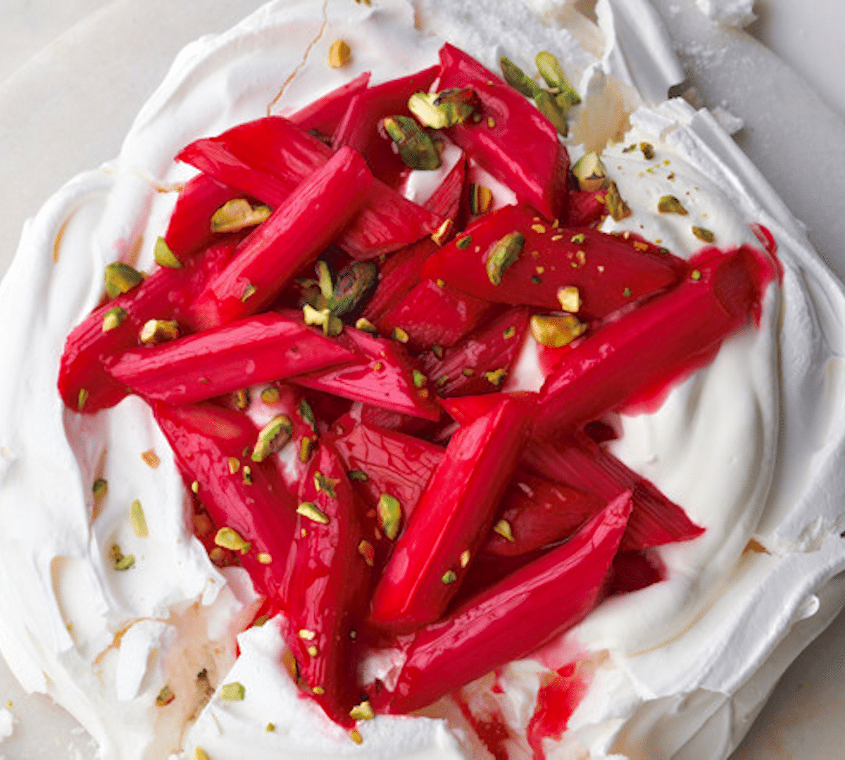 Pavlovas with Roasted Rhubarb and Rosé Syrup - Farm Fresh Nuts